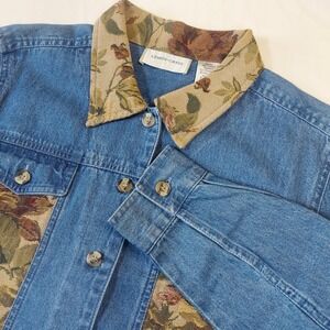 Lemon Grass Womens Denim Floral Tapestry Jacket Blue Medium Wash Button Up M